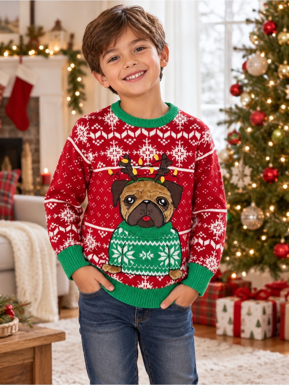 Kids Red & Green Holiday Pug Sweater
